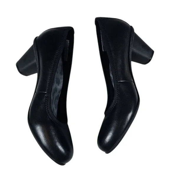Vionic Mabrey Round Toe‎ Block Heel Pumps Comfortable Leather Shoes Black 7 New - Picture 3 of 7